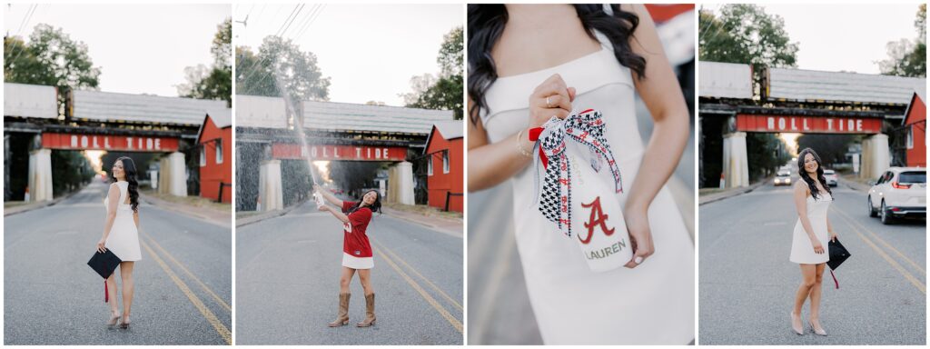Fall 2025 graduate popping champagne at the Roll Tide Bridge