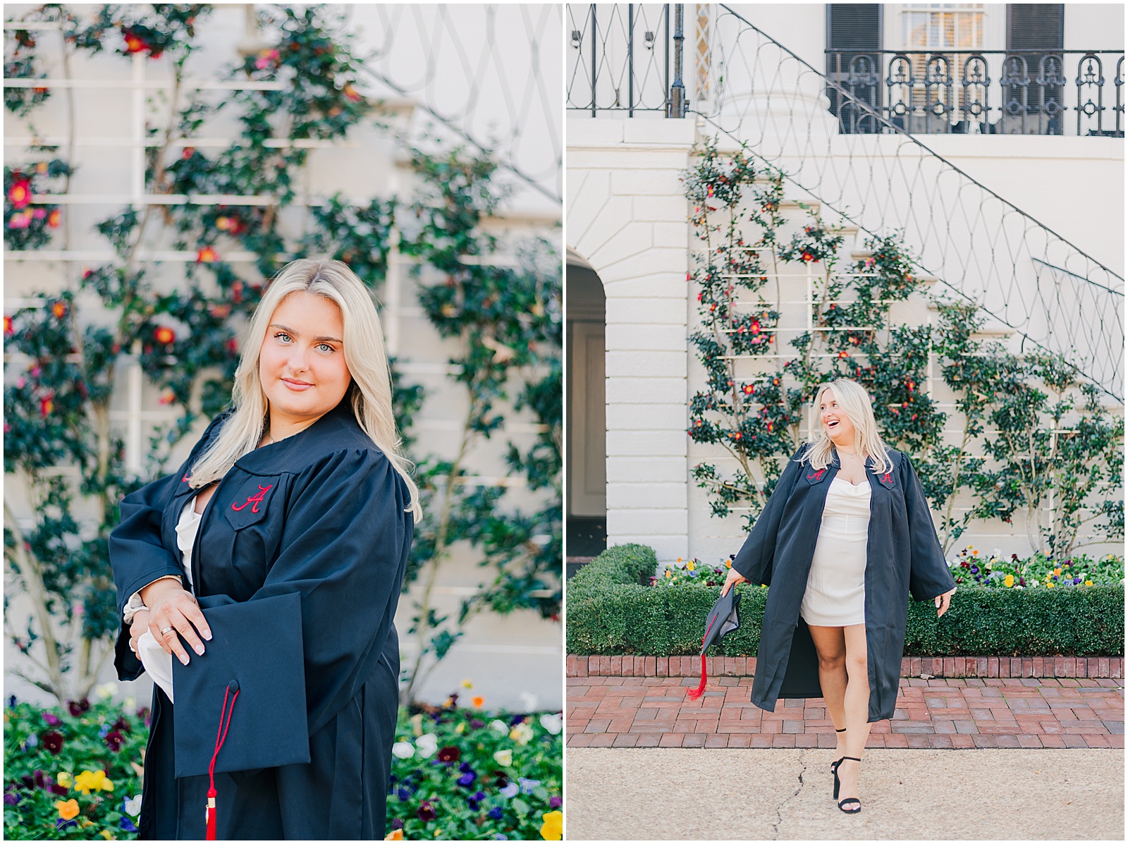 Fall graduation portraits at the University of Alabama in front of The President's Mansion