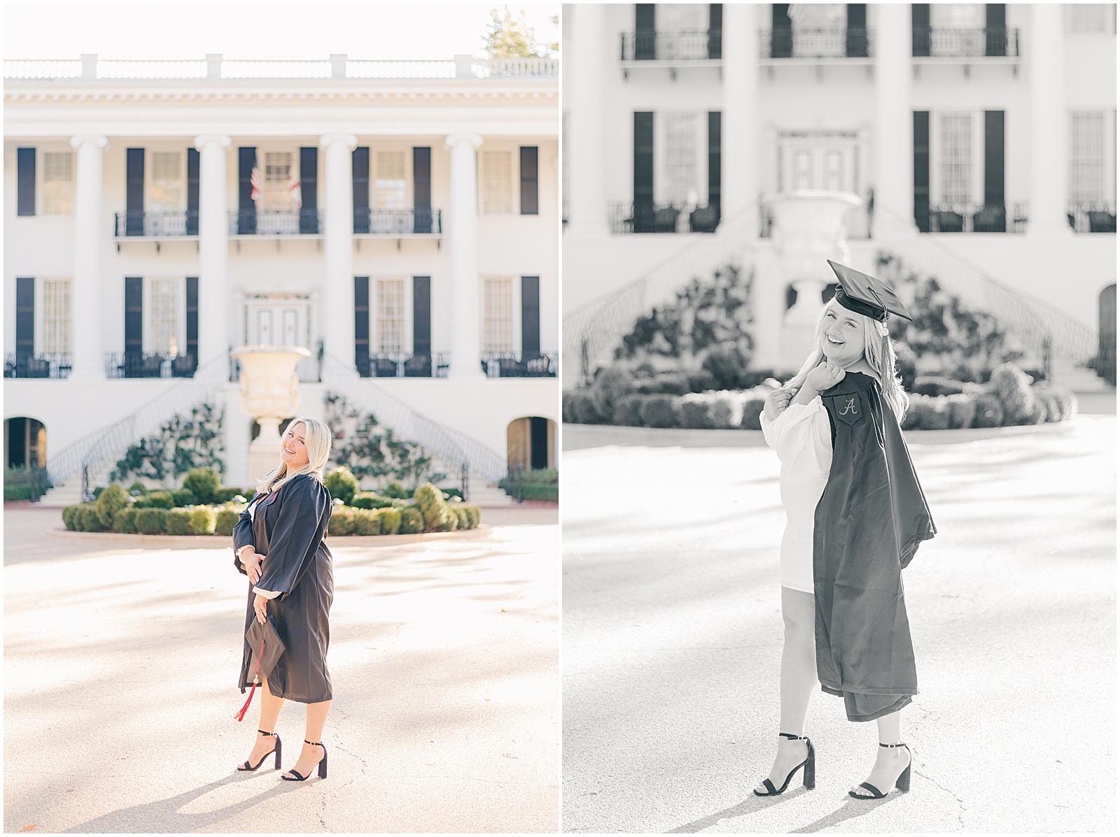 Fall graduation portraits at the University of Alabama in front of The President's Mansion