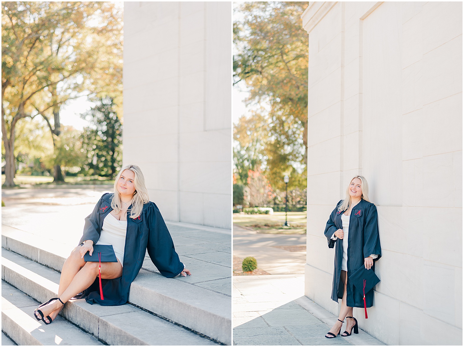 Fall graduation portraits at the University of Alabama in front of Denny Chimes