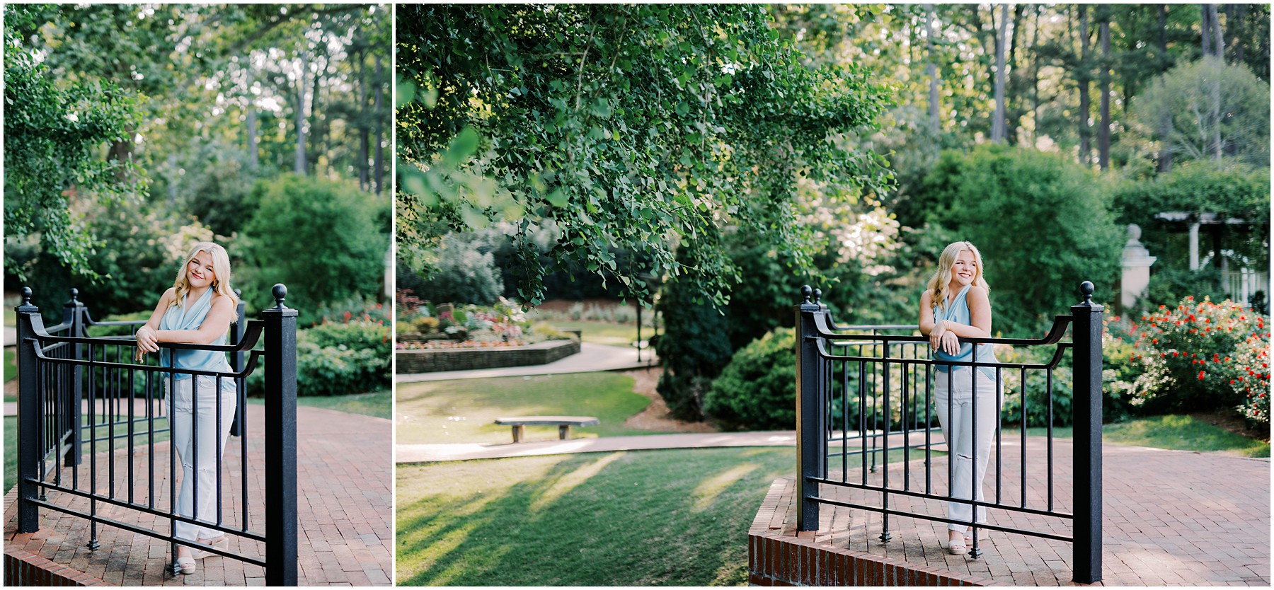 High school senior in light blue top at Birmingham Botanical Gardens