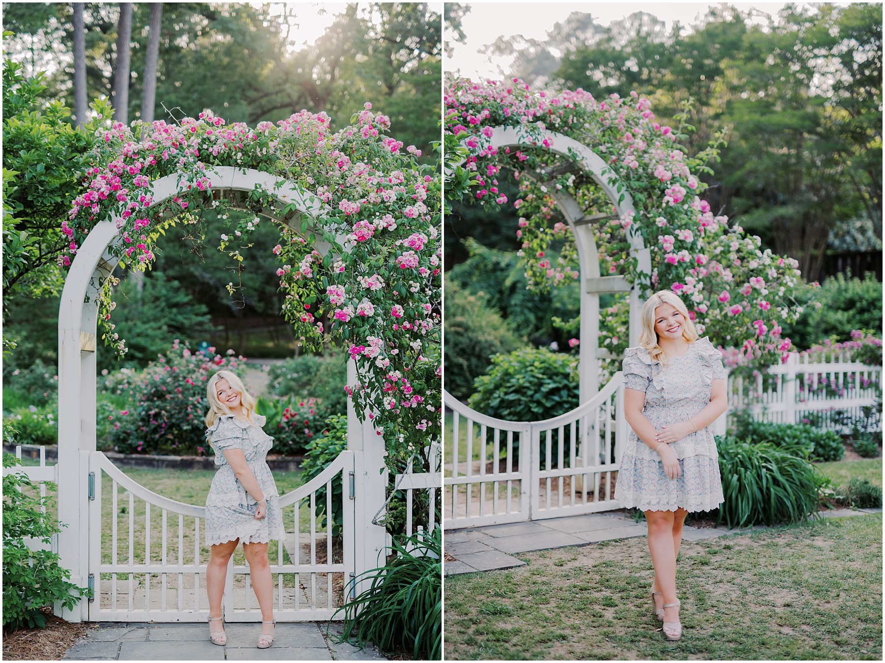 Senior girl in floral dress smiling in garden path – summer senior portraits Birmingham AL
