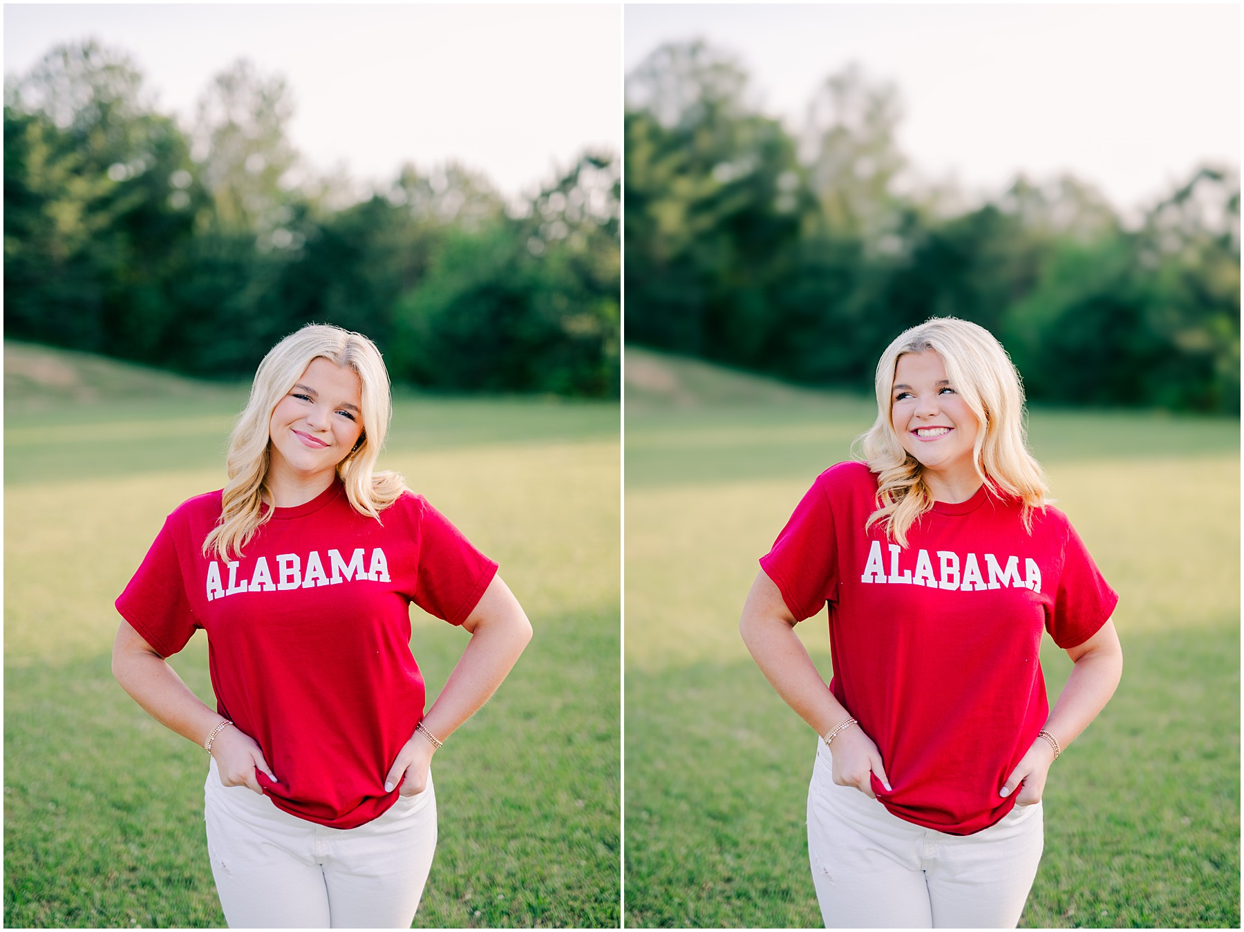 Golden hour field senior photos in Alabama – Bama Bound college tee outfit