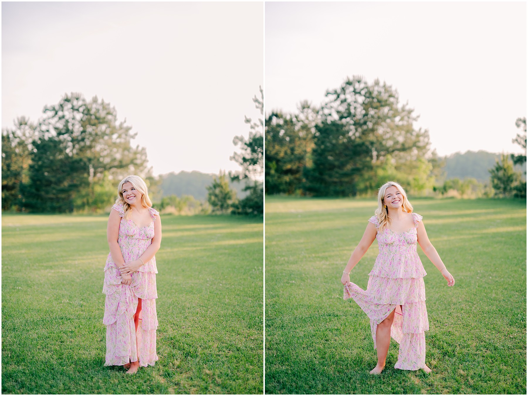 Birmingham AL summer senior pictures in open field at sunset