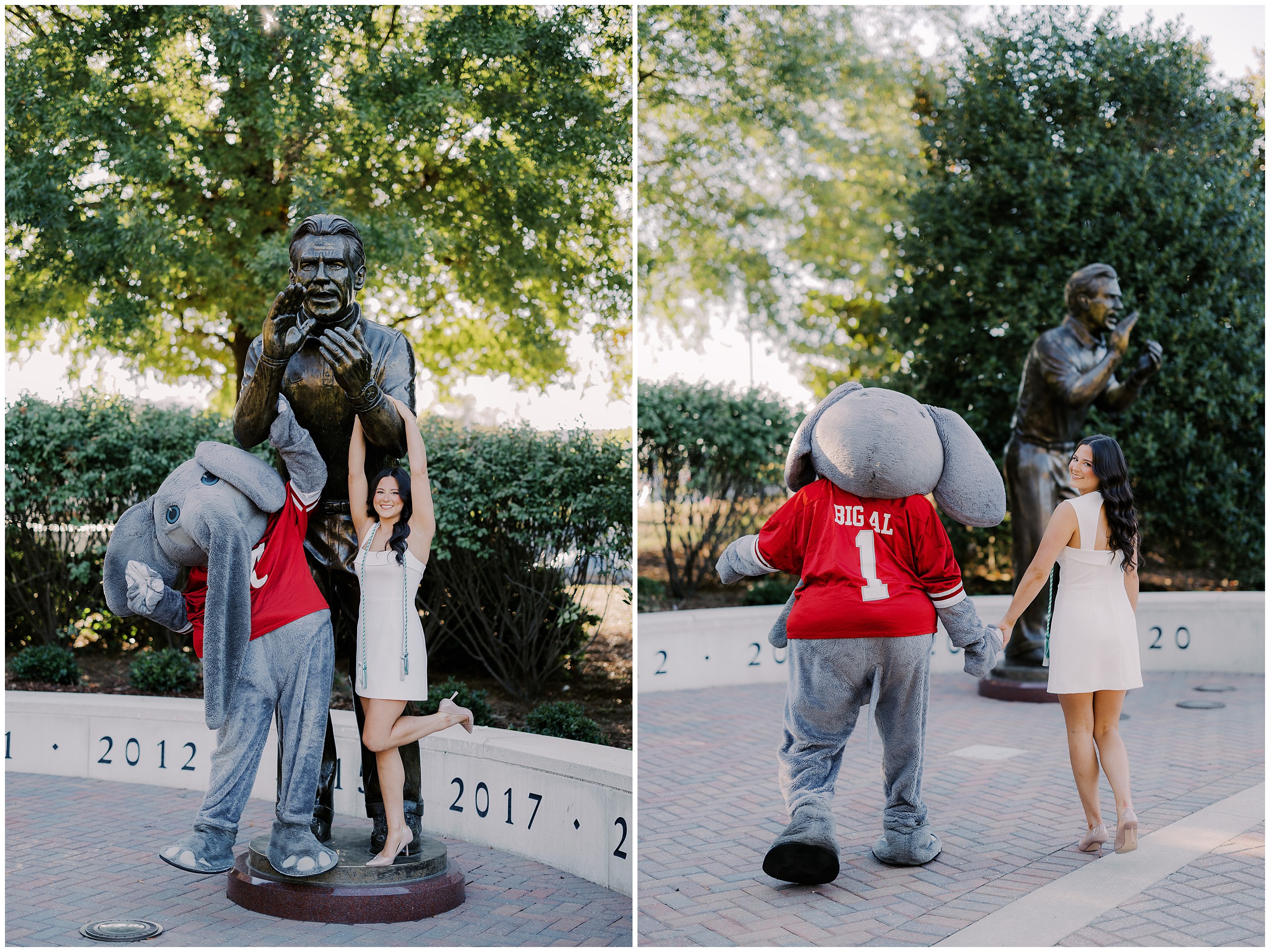 Graduate posing with Big Al at Bryant-Denny Stadium