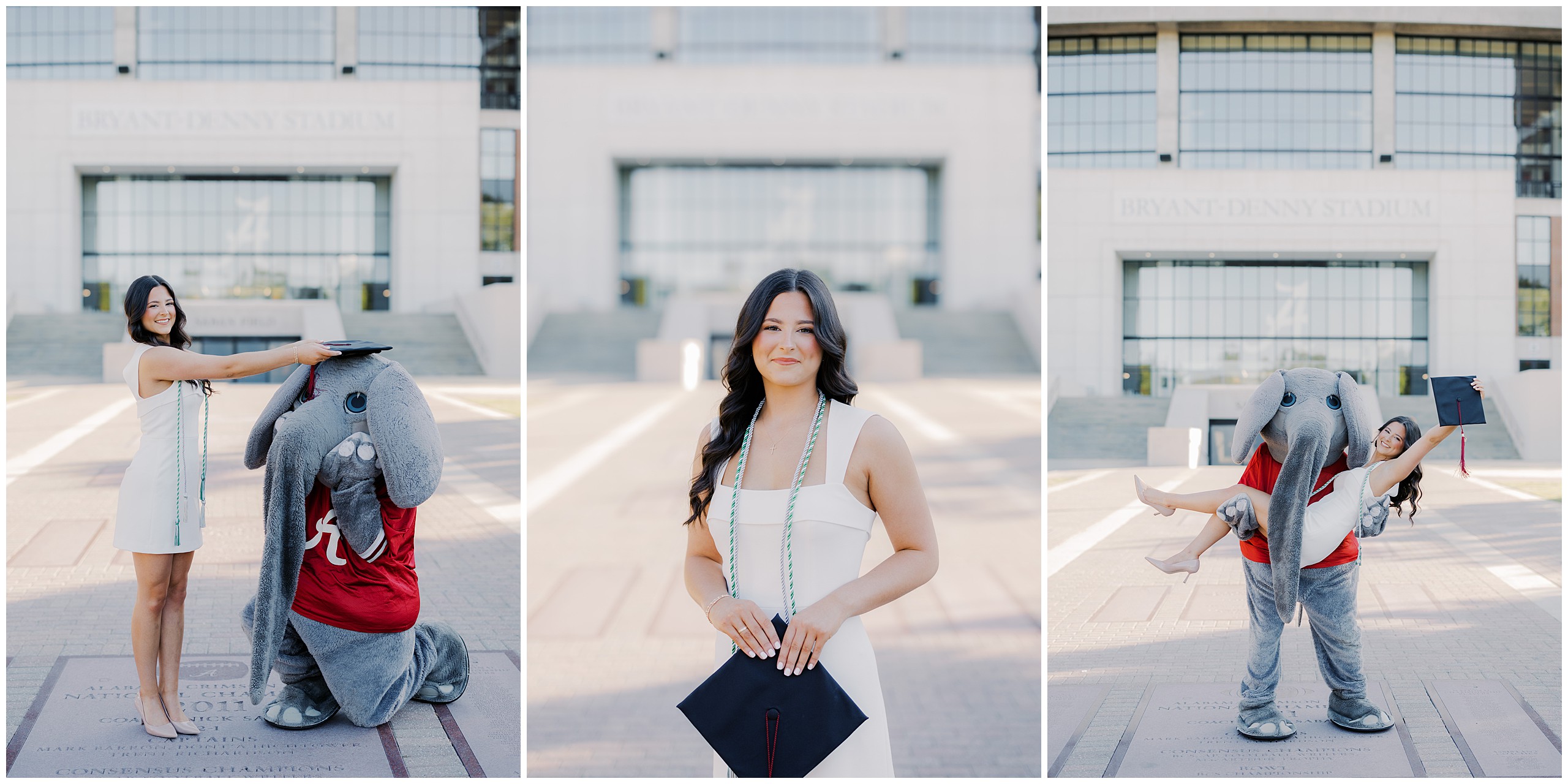 Graduate posing with Big Al at Bryant-Denny Stadium