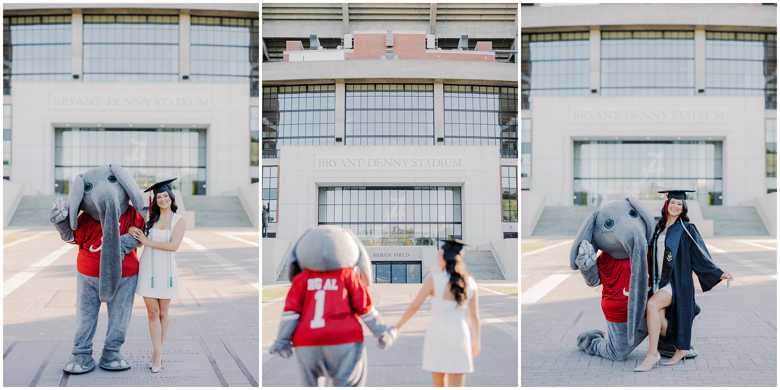 Graduate posing with Big Al at Bryant-Denny Stadium