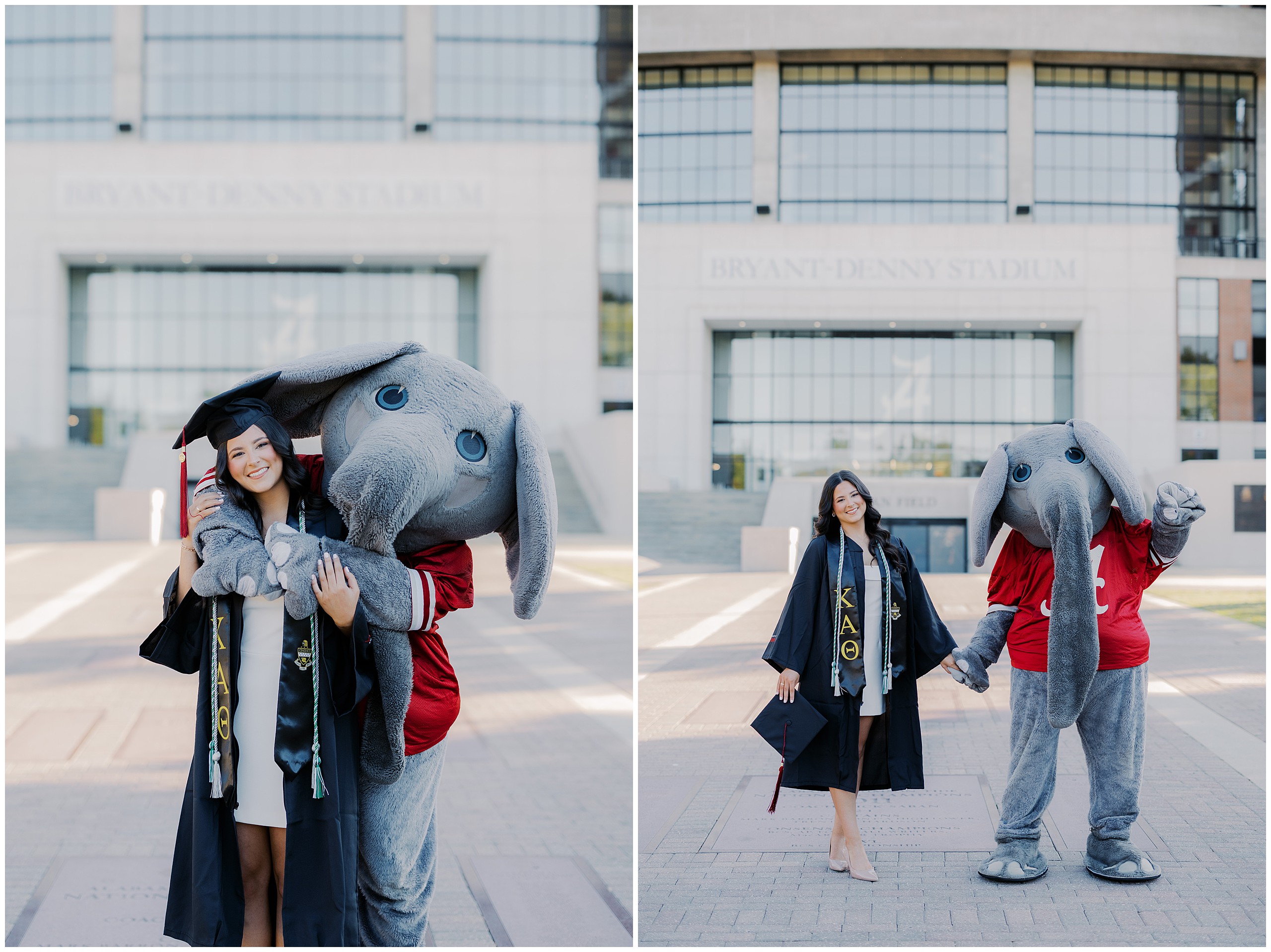 Graduate posing with Big Al at Bryant-Denny Stadium