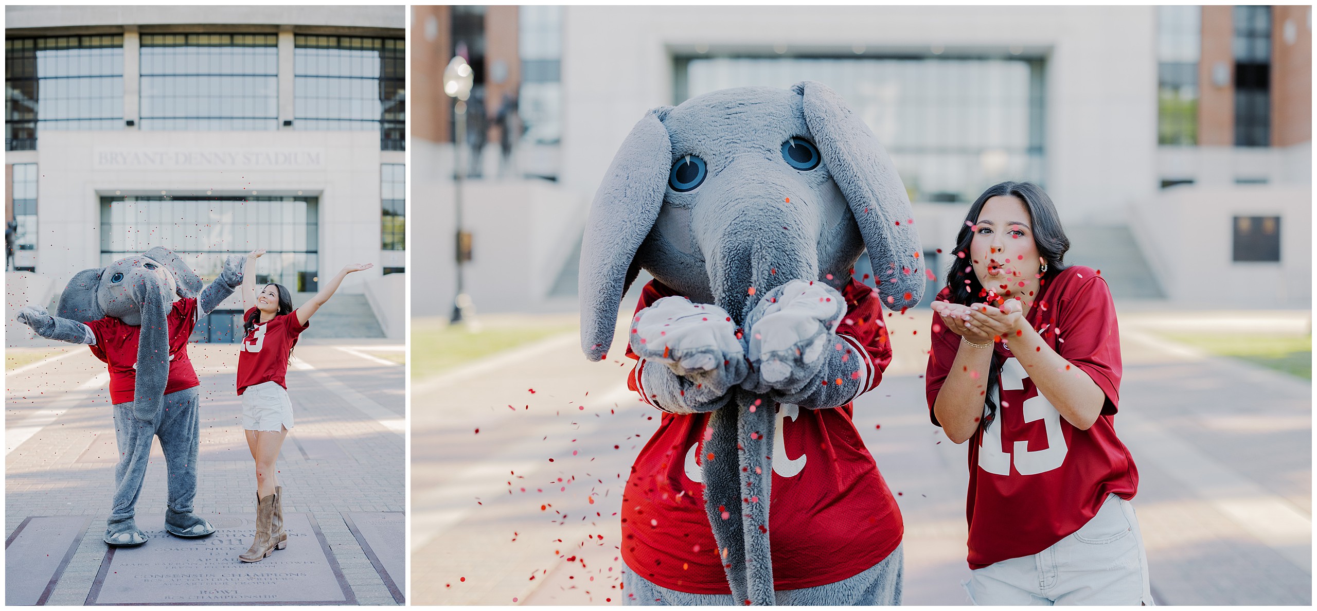 Graduate tosses confetti with Big Al at Bryant-Denny Stadium