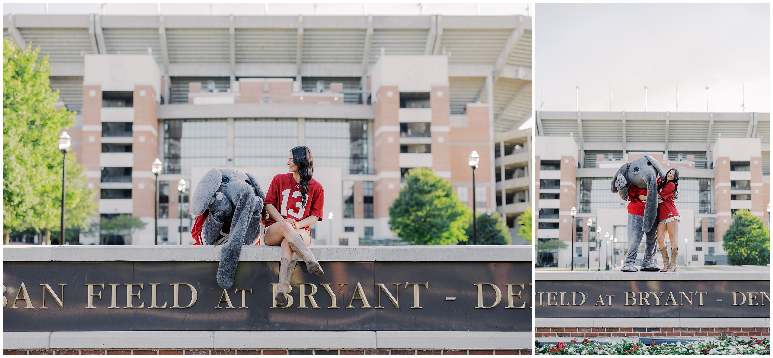 Graduate posing with Big Al at Bryant-Denny Stadium